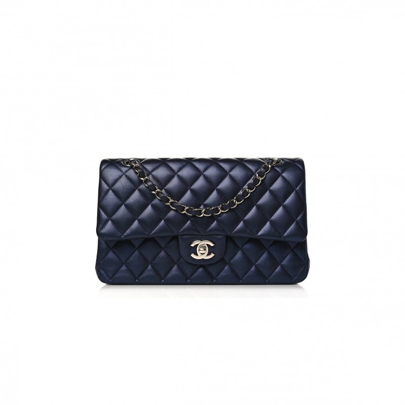 CHANEL IRIDESCENT CALFSKIN QUILTED MEDIUM DOUBLE FLAP NAVY (25*15*6cm)