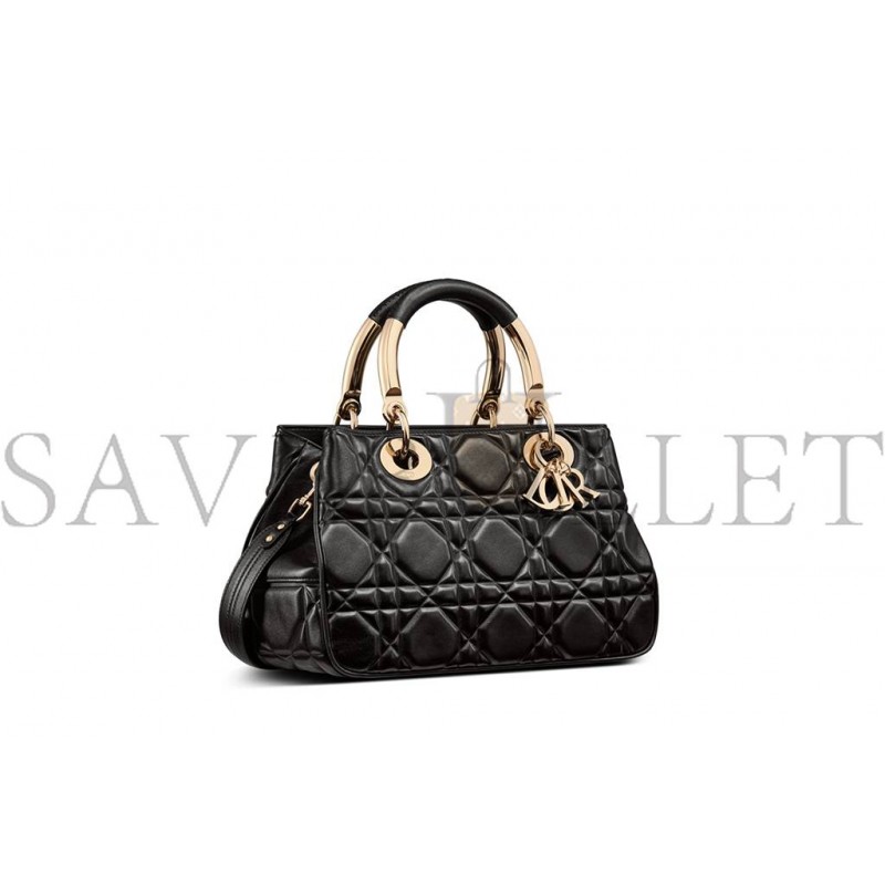 DIOR LADY 95.22 GOLD HARDWARE DIANA HANDBAG CALFSKIN LEATHER BAG MEDIUM BLACK  (39*25*16.5cm)