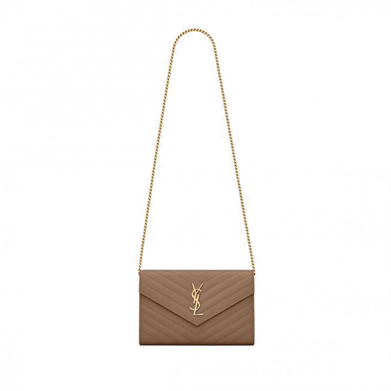 YSL CASSANDRE MATELASSÉ CHAIN WALLET IN GRAIN DE POUDRE EMBOSSED LEATHER 377828BOW012346 (22.5*14*4cm)