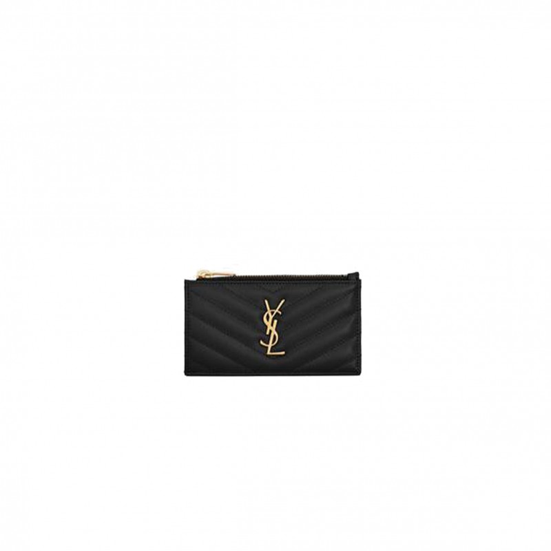 YSL CASSANDRE MATELASSÉ FRAGMENTS ZIPPED CARD CASE IN GRAIN DE POUDRE EMBOSSED LEATHER 607915BOW011000 (13*8*2cm)