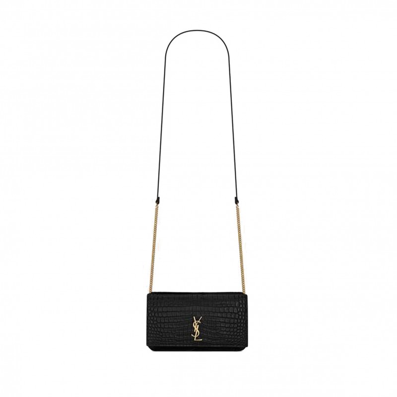 YSL CASSANDRE PHONE HOLDER WITH STRAP IN SHINY CROCODILE-EMBOSSED LEATHER 635095DND1J1000 (18*11*2.5cm)