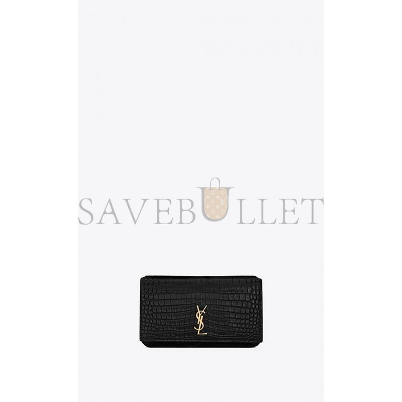 YSL CASSANDRE PHONE HOLDER WITH STRAP IN SHINY CROCODILE-EMBOSSED LEATHER 635095DND1J1000 (18*11*2.5cm)