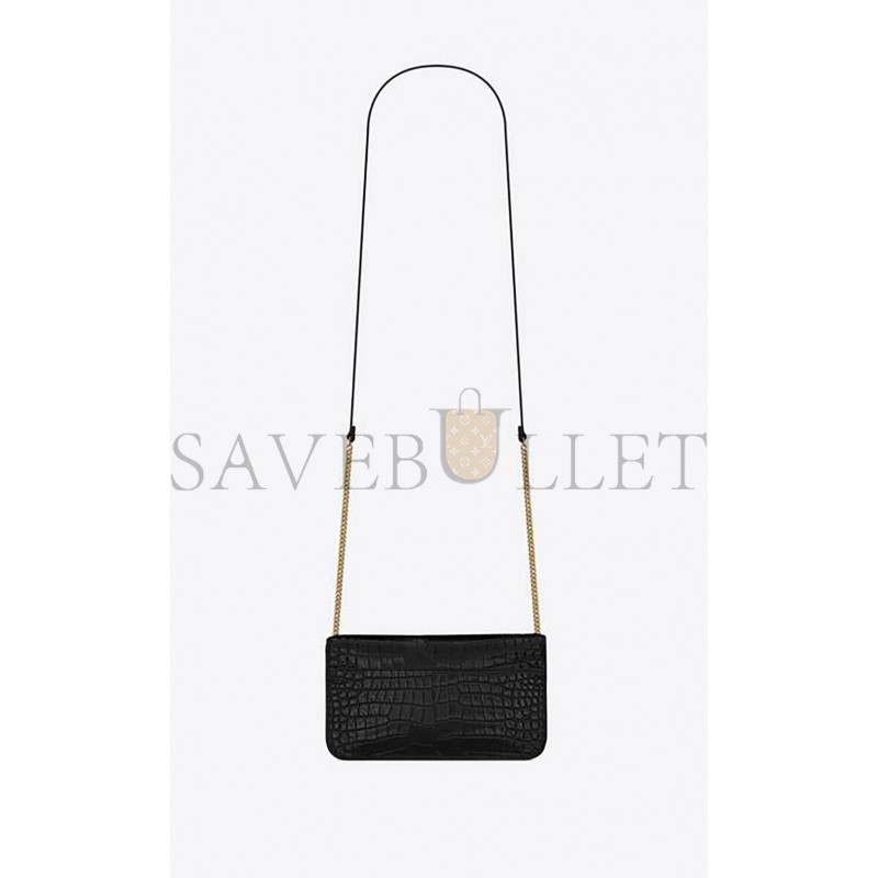 YSL CASSANDRE PHONE HOLDER WITH STRAP IN SHINY CROCODILE-EMBOSSED LEATHER 635095DND1J1000 (18*11*2.5cm)