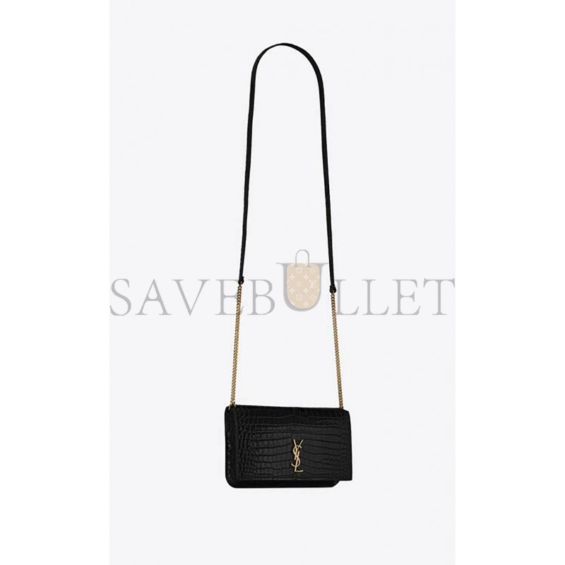 YSL CASSANDRE PHONE HOLDER WITH STRAP IN SHINY CROCODILE-EMBOSSED LEATHER 635095DND1J1000 (18*11*2.5cm)