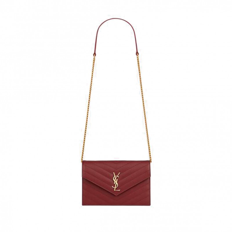 YSL CASSANDRE MATELASSÉ ENVELOPE CHAIN WALLET IN GRAIN DE POUDRE EMBOSSED LEATHER 695108BOW016008 (19*12.5*3.5cm)