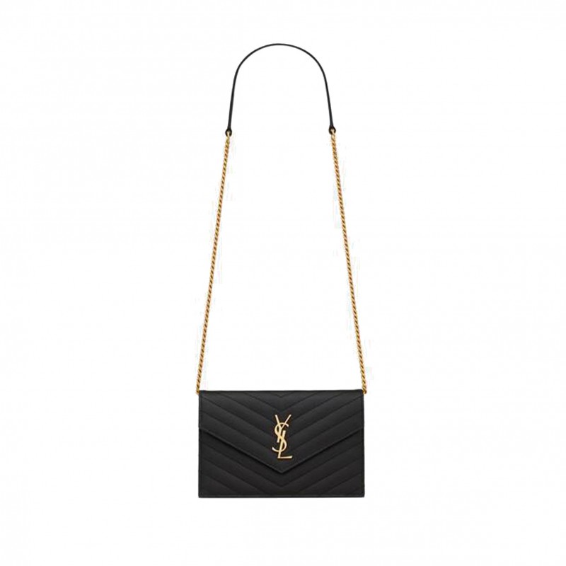 YSL CASSANDRE MATELASSÉ ENVELOPE CHAIN WALLET IN GRAIN DE POUDRE EMBOSSED LEATHER 742920BOW011000 (19*12.5*3.5cm)