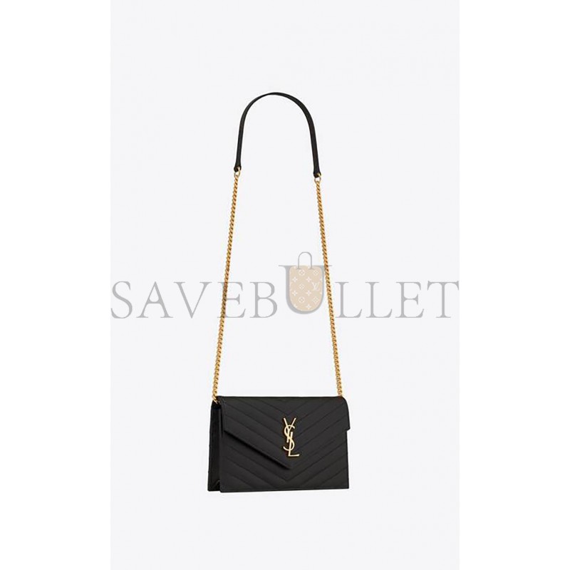 YSL CASSANDRE MATELASSÉ ENVELOPE CHAIN WALLET IN GRAIN DE POUDRE EMBOSSED LEATHER 742920BOW011000 (19*12.5*3.5cm)