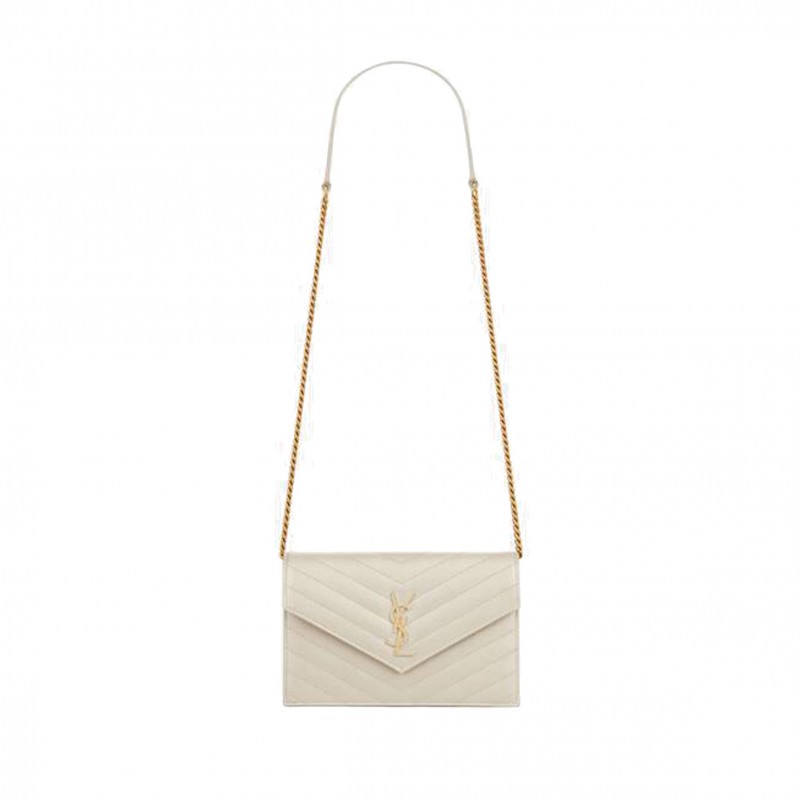 YSL CASSANDRE MATELASSÉ ENVELOPE CHAIN WALLET IN GRAIN DE POUDRE EMBOSSED LEATHER 742920BOW019207 (19*12.5*3.5cm)