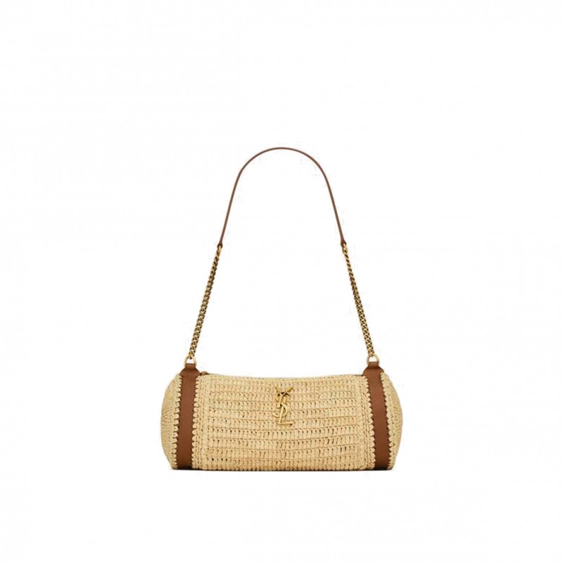 YSL CASSANDRE SMALL CYLINDRIC BAG IN RAFFIA AND VEGETABLE-TANNED LEATHER 744504GAABN2080 (24.5*11*11cm)