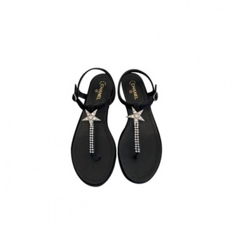 CHANEL SANDALS FOR WOMEN DOUBLE CC PEARL RHINESTONE HARDWARE BLACK BEACH SHOES