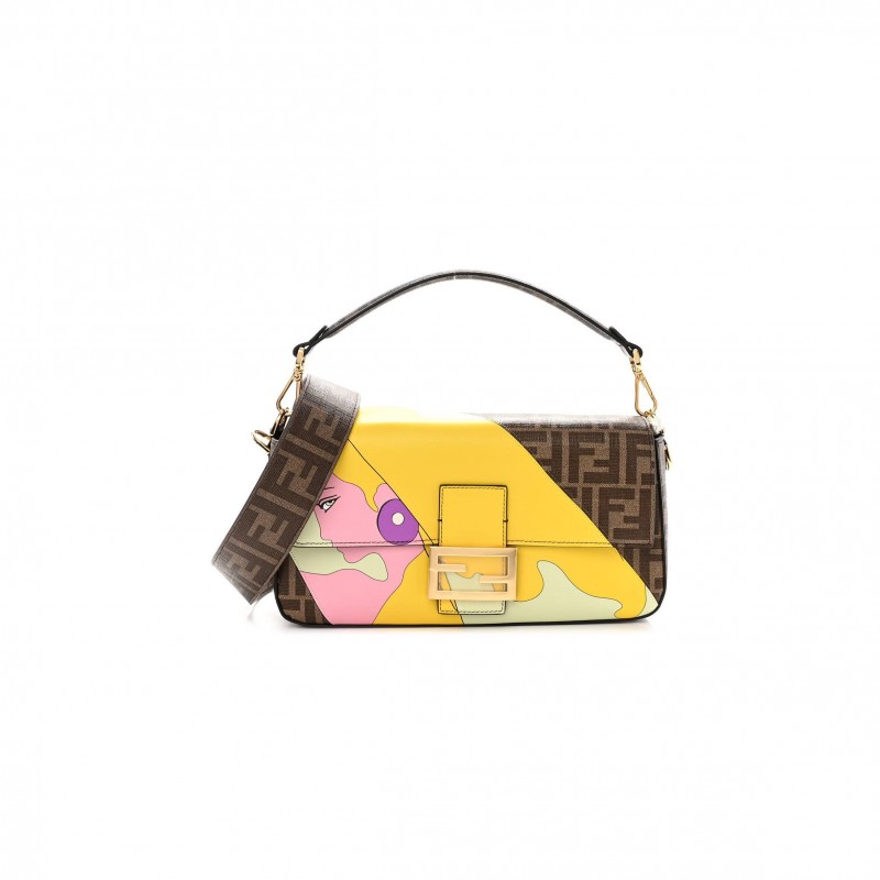FENDI GLAZED FABRIC FF 1974 HAIRDO GIRLS INLAY BAGUETTE MOGANO PANNA MULTICOLOR (27*15*6cm)