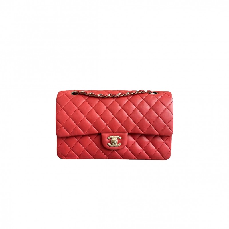 CHANEL MEDIUM QUILTED RED LAMBSKIN  CLASSIC DOUBLE FLAP BAG (25*15*6cm)