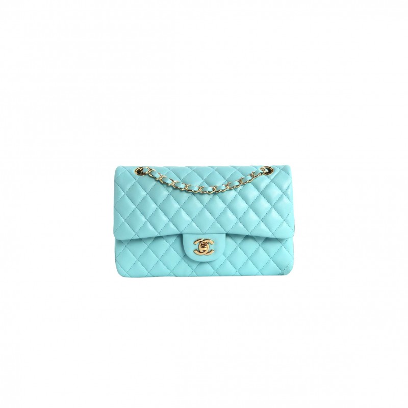 CHANEL TIFFANY BLUE CLASSIC MEDIUM FLAP LIGHT GOLD A1112 (25*15*6cm)