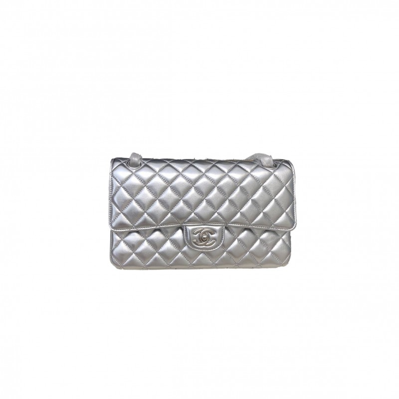 CHANEL SILVER QUILTED LEATHER MEDIUM CLASSIC DOUBLE FLAP BAG A1112 (25*15*6cm)