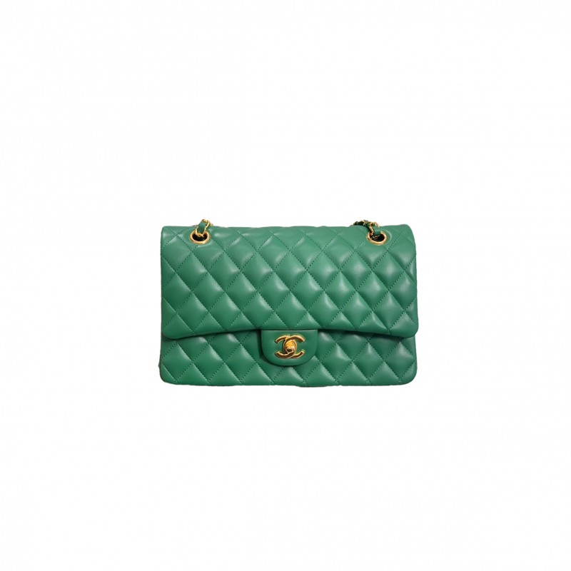 CHANNEL LAMBSKIN QUILTED RECTANGULAR FLAP LIGHT GOLD GREEN A1112  (25*15*6cm)