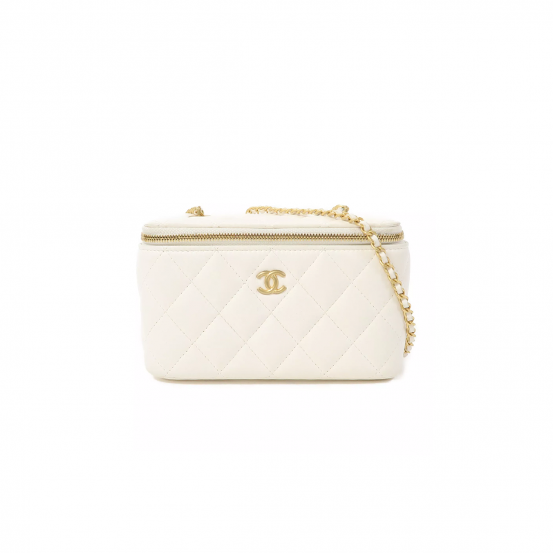 CHANEL QUILTED CC GHW DRESSING CASE CHAIN SHOULDER BAG LAMBSKIN LEATHER WHITE AP2303 (17*9*8cm)