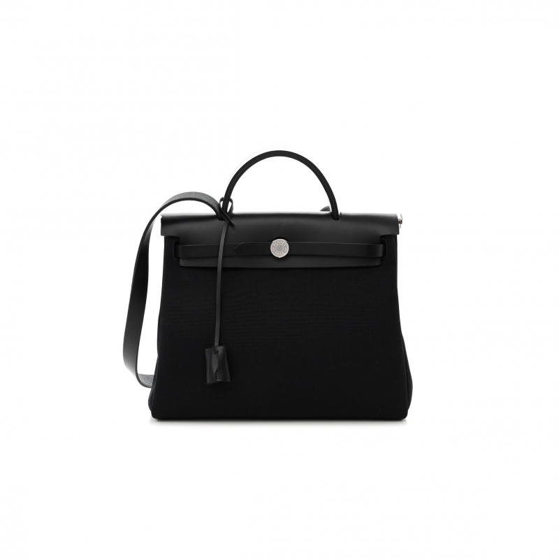 HERMES MILITARY TOILE VACHE HUNTER HERBAG ZIP PM 31 BLACK (30*23*10cm)