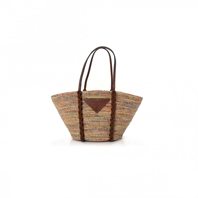 PRADA PAGLIA VITELLO WOVEN BRAIDED BASKET TOTE MULTICOLOR COGNAC 1BG312_2DIF_F00J7_V_IOM (25*25*14cm)