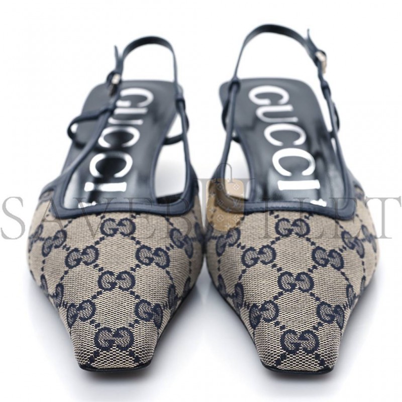 GUCCI GG MONOGRAM MALAGA KID SQUARE G 35MM SLINGBACK PUMPS 38 BEIGE BLUE P00677619