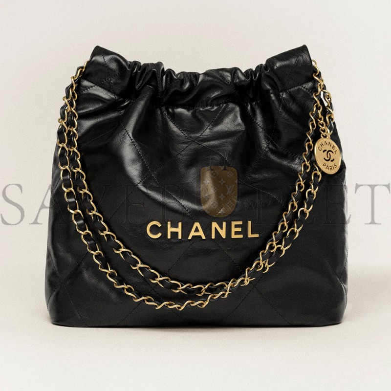 CHANEL MASTER 22 SMALL HANDBAG SHINY CALFSKIN GOLD-TONE METALLIC BLACK AS3260 (37*35*7cm)