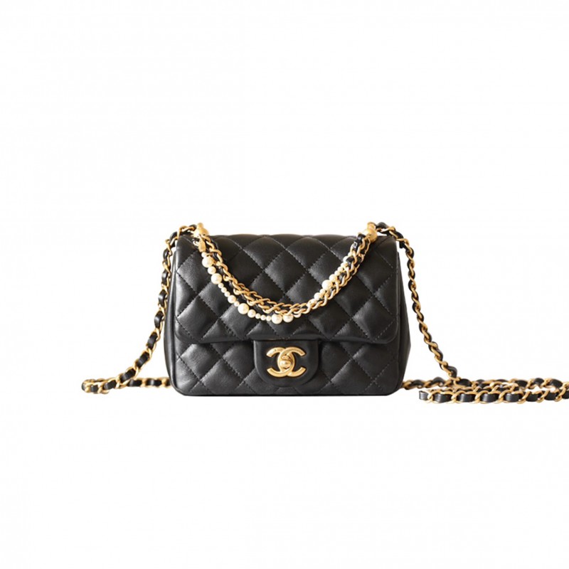 CHANEL MASTER 24P MINI PEARL CHAIN FLAP BAG BLACK AS4385 (17*12.5*5cm)