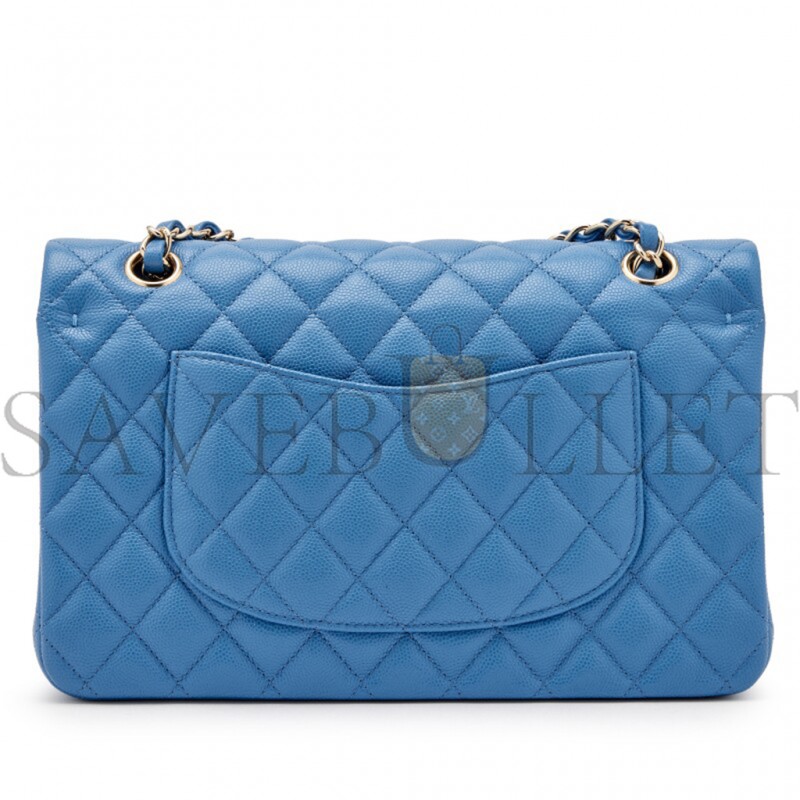 CHANEL BLUE QUILTED CAVIAR MEDIUM CLASSIC DOUBLE FLAP LIGHT GOLD HARDWARE AS1112 (25*15*6cm)