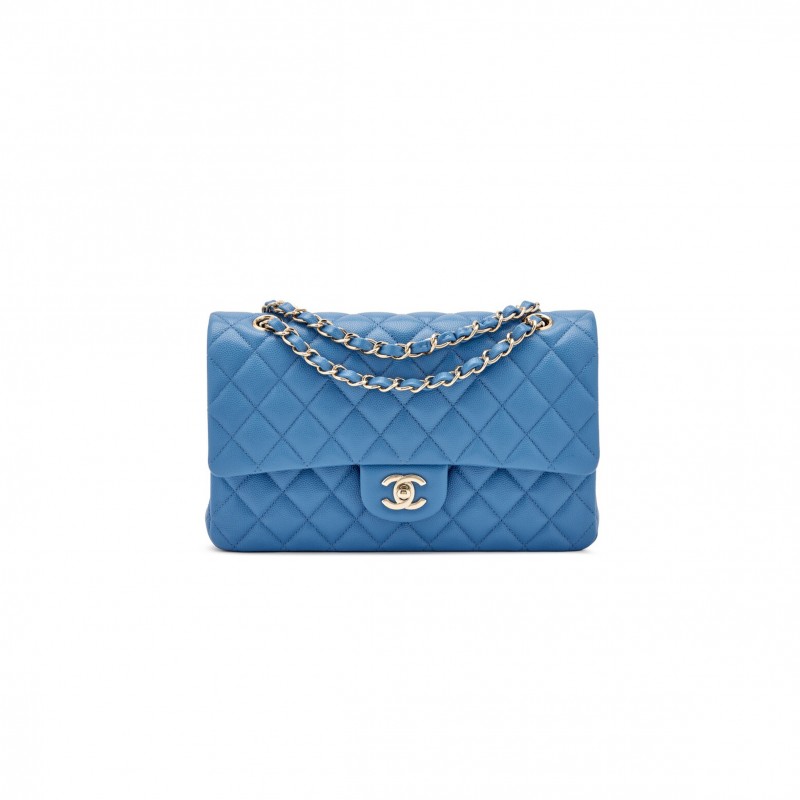 CHANEL BLUE QUILTED CAVIAR MEDIUM CLASSIC DOUBLE FLAP LIGHT GOLD HARDWARE AS1112 (25*15*6cm)