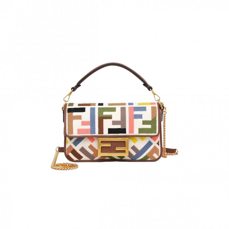 FENDI BAGUETTE MINI CANVAS BAG WITH MULTICOLOUR FF EMBROIDERY 8BS017ANH4F1PJ4  (20*13*5cm)