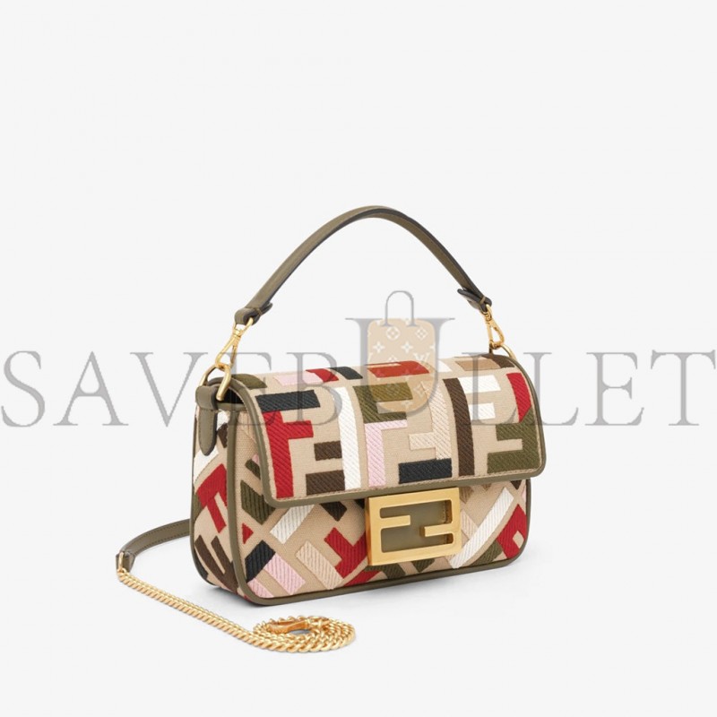 FENDI BAGUETTE MINI CANVAS BAG WITH MULTICOLOR FF EMBROIDERY 8BS017ANH4F1Q6O  (20*13*5cm)