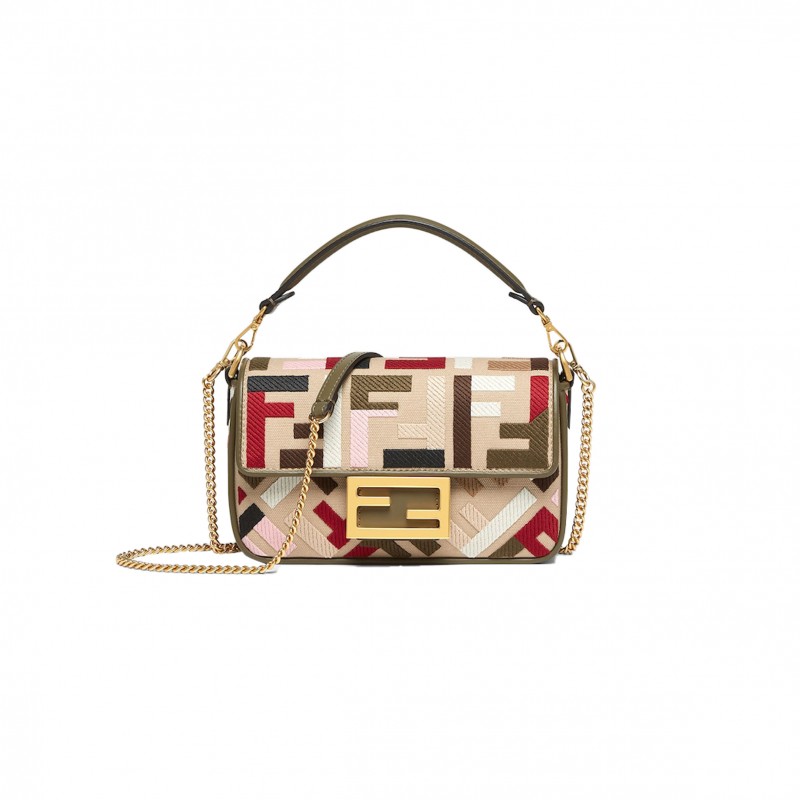 FENDI BAGUETTE MINI CANVAS BAG WITH MULTICOLOR FF EMBROIDERY 8BS017ANH4F1Q6O  (20*13*5cm)