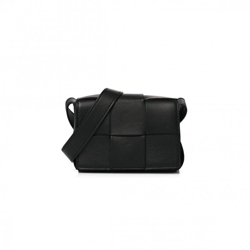 BOTTEGA VENETA LAMBSKIN MAXI INTRECCIATO EXTRA MINI CASSETTE CROSSBODY BAG BLACK (12*9*5cm)