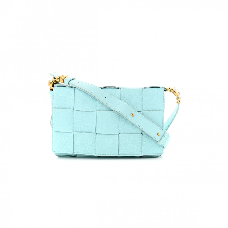 BOTTEGA VENETA GRAINED CALFSKIN MAXI INTRECCIATO CASSETTE CROSSBODY BAG PALE BLUE (23*15*5cm)