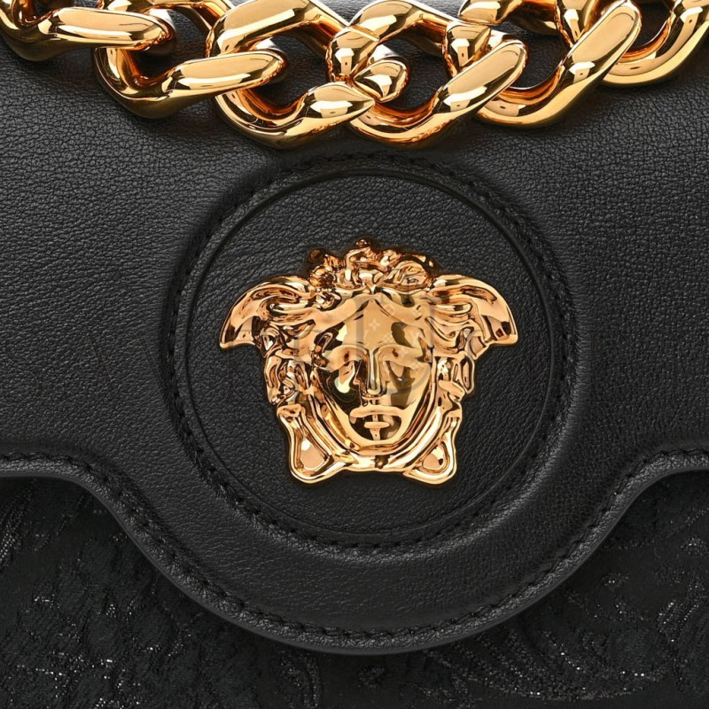 VERSACE CALFSKIN LUREX CLOQUET SMALL LA MEDUSA CHAIN TOP HANDLE HANDBAG BLACK  (20*17*10cm)