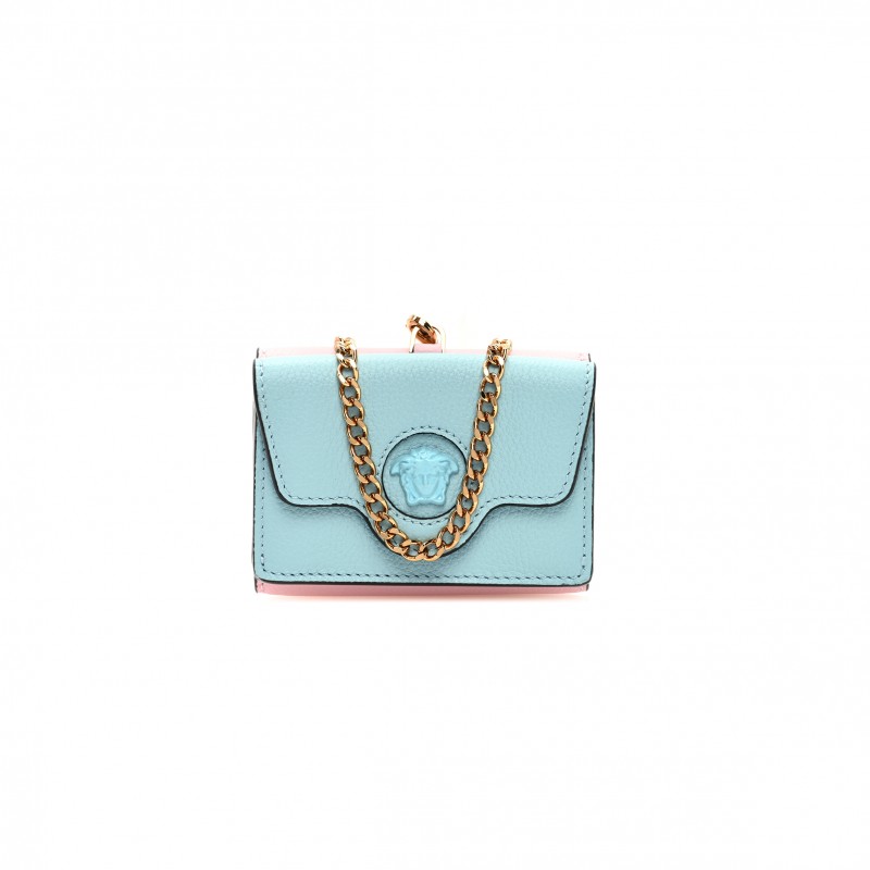 VERSACE GRAINED CALFSKIN MEDUSA WALLET ON CHAIN BLUE PINK (19*12*4cm)