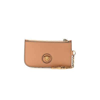VERSACE GRAINED CALFSKIN LA MEDUSA ZIP CARD CASE BROWN  (13*8*1cm)