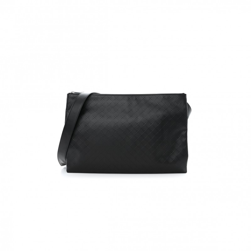 BOTTEGA VENETA INTRECCIATO EMBOSSED TRIPLE ZIP MESSENGER BAG BLACK  (38*25*3cm)