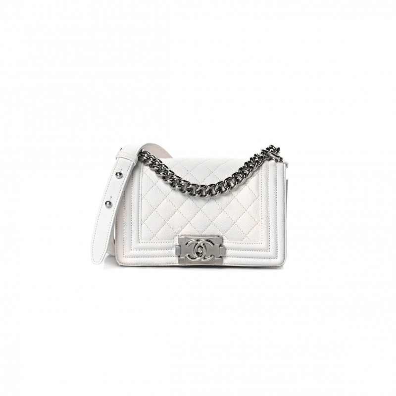 CHANEL CAVIAR QUILTED SMALL BOY FLAP WHITE  (20*12*6cm)