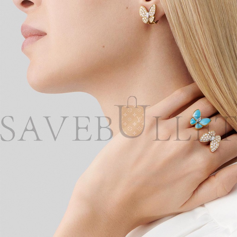 VAN CLEEF ARPELS TWO BUTTERFLY BETWEEN THE FINGER RING - YELLOW GOLD, DIAMOND, TURQUOISE  VCARP7UZ00