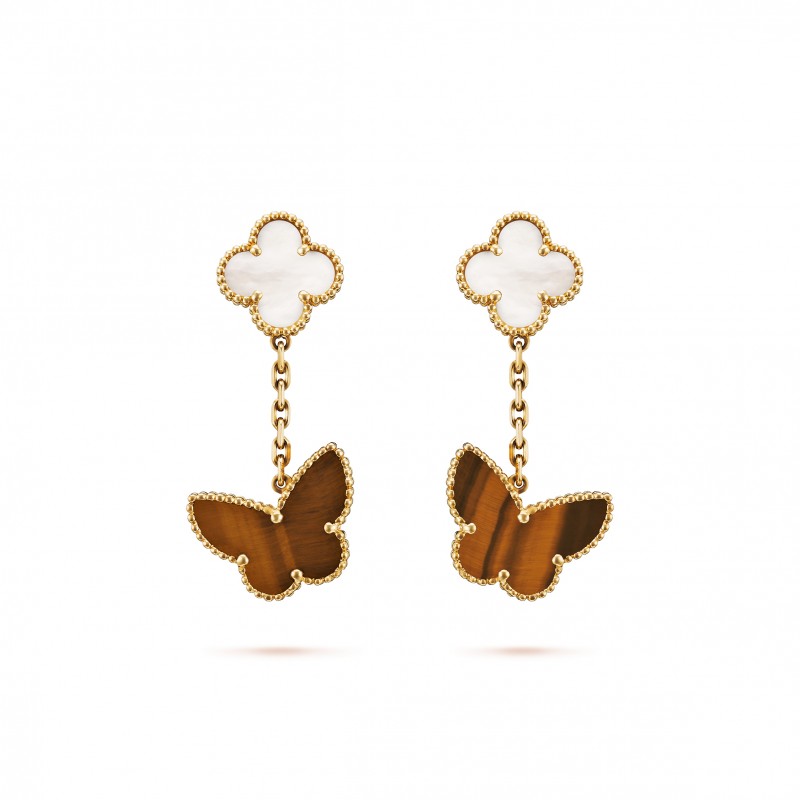 VAN CLEEF ARPELS LUCKY ALHAMBRA EARRINGS, 2 MOTIFS - YELLOW GOLD, MOTHER-OF-PEARL, TIGER EYE   VCARD79800