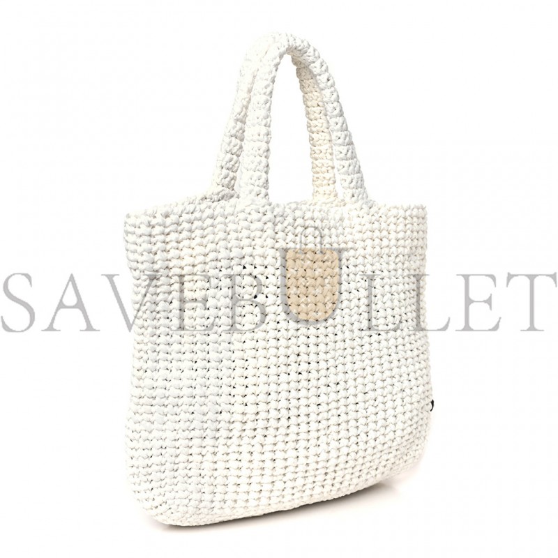 PRADA YARN RAFFIA EFFECT CROCHET EMBROIDERED SMALL LOGO TOTE WHITE (25*23*8cm)