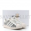 PRADA X ADIDAS BRUSHED CALFSKIN LOGO MENS SUPERSTAR SNEAKERS 6 SILVER WHITE