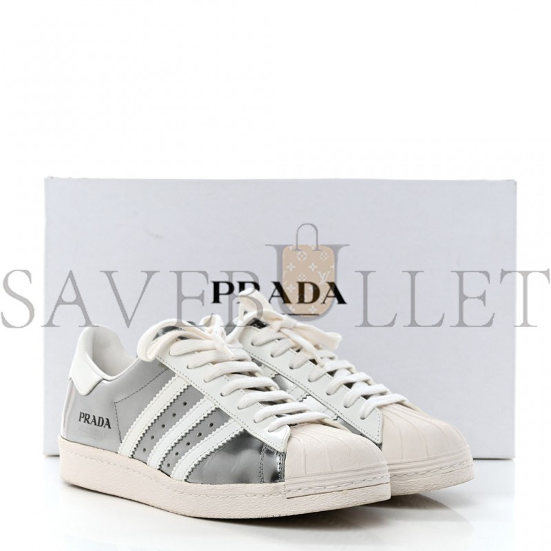 PRADA X ADIDAS BRUSHED CALFSKIN LOGO MENS SUPERSTAR SNEAKERS 6 SILVER WHITE