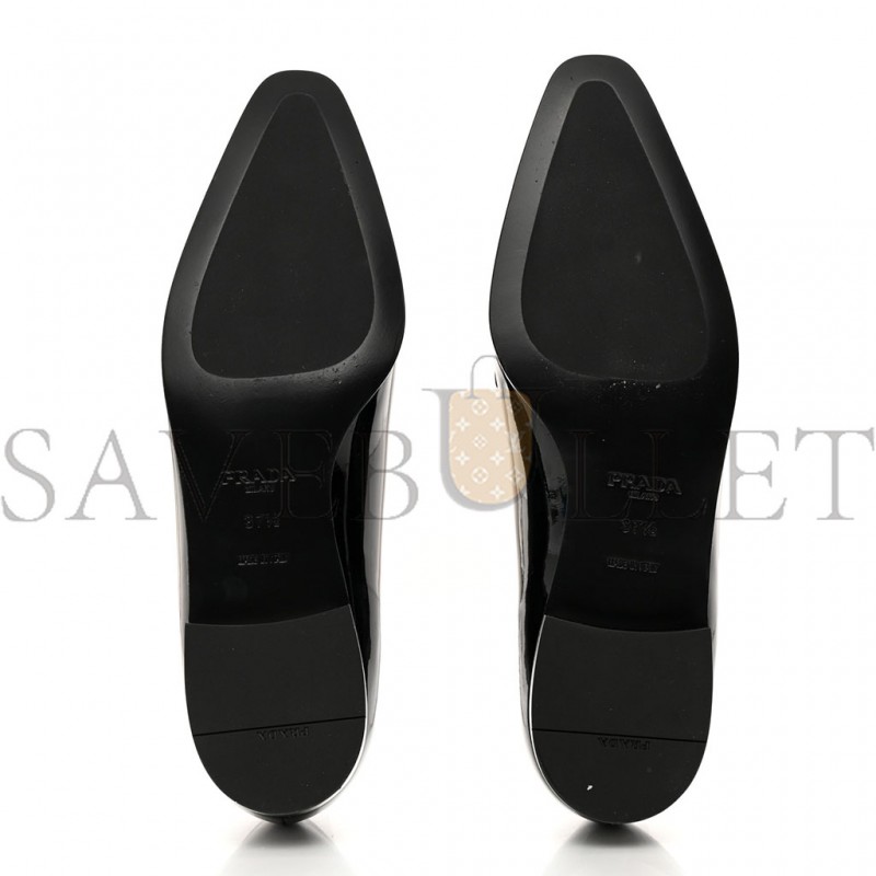 PRADA VERNICE METAL TRIANGLE LOGO POINTED TOE 25MM LOAFERS 37.5 BLACK