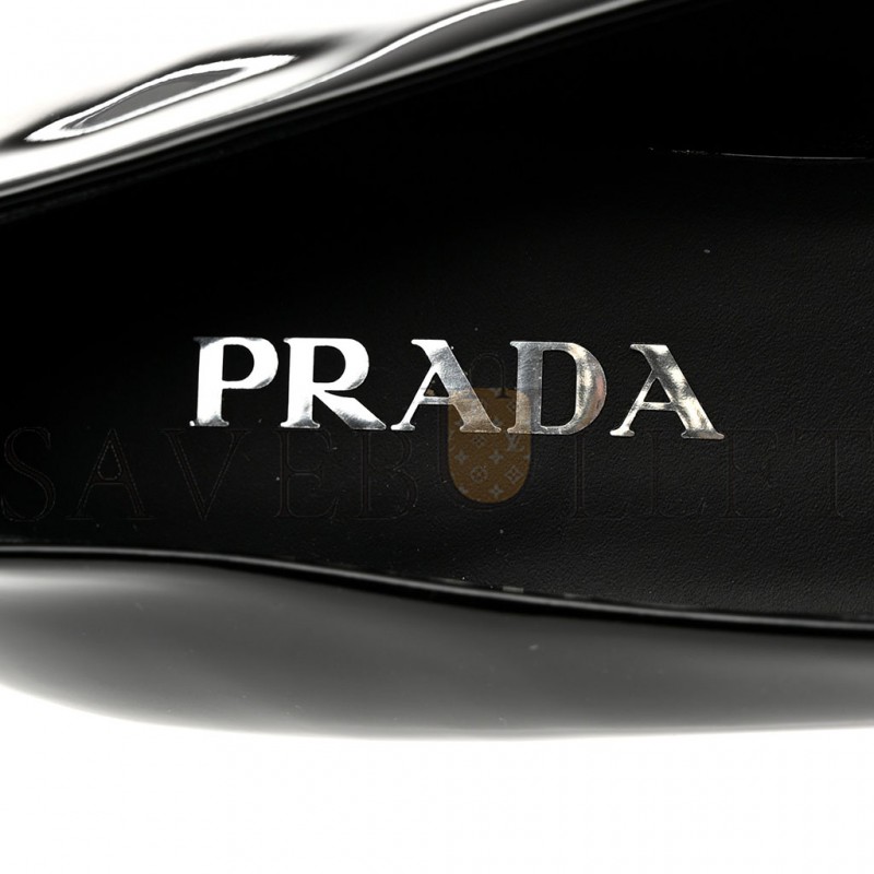 PRADA VERNICE METAL TRIANGLE LOGO POINTED TOE 25MM LOAFERS 37.5 BLACK