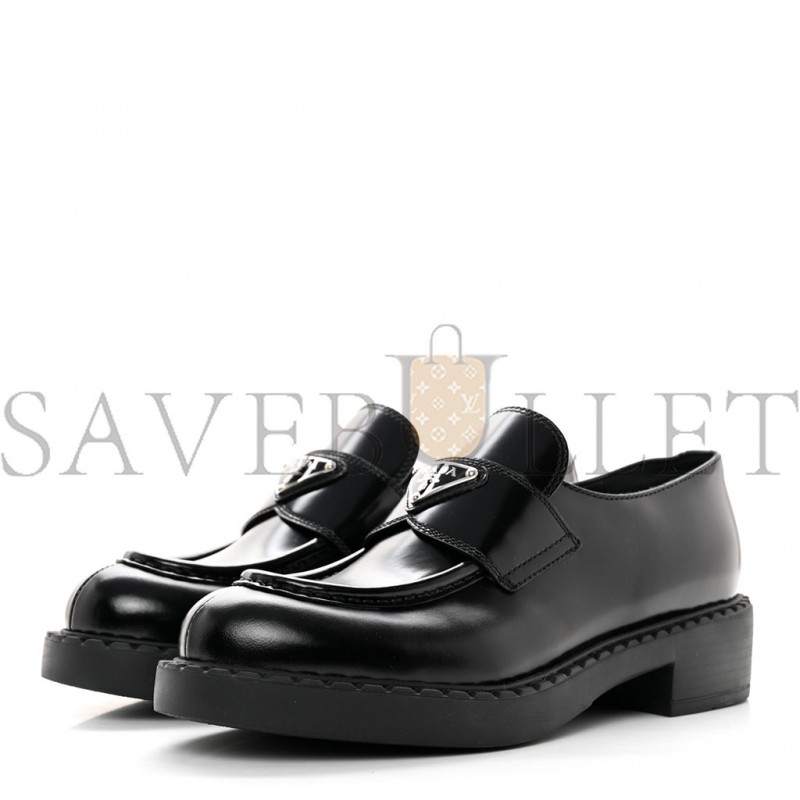 PRADA SPAZZOLATO METAL TRIANGLE LOGO 50MM LOAFERS 37.5 BLACK