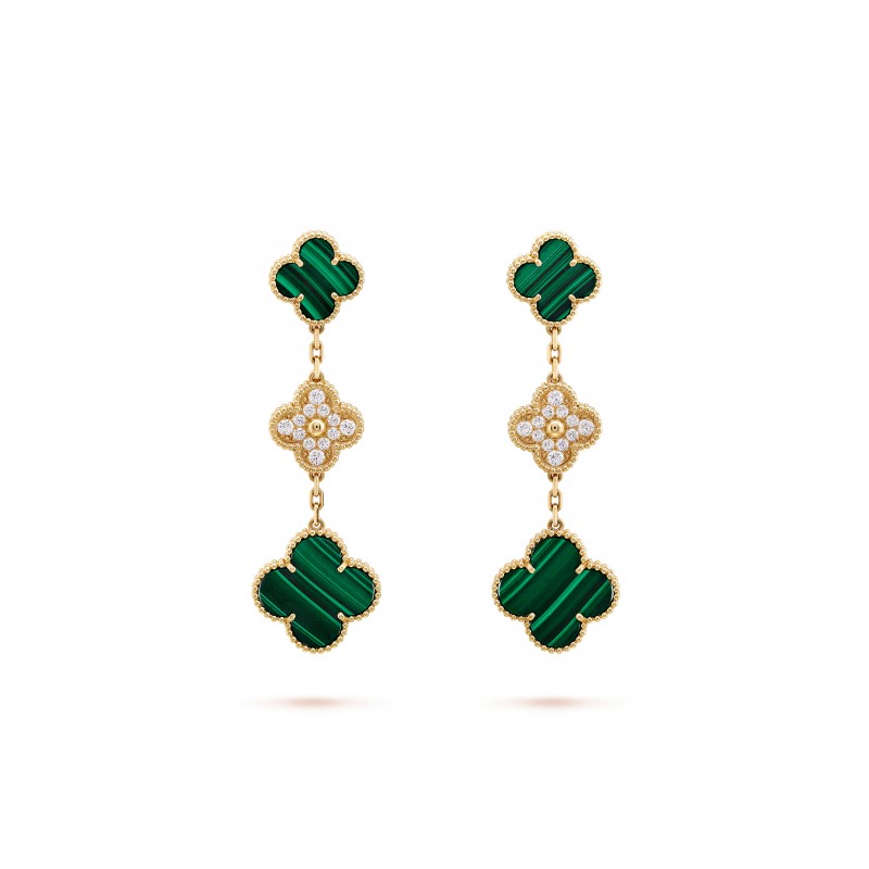 VAN CLEEF  ARPELS MAGIC ALHAMBRA EARRINGS, 3 MOTIFS - YELLOW GOLD, DIAMOND, MALACHITE  VCARO9II00