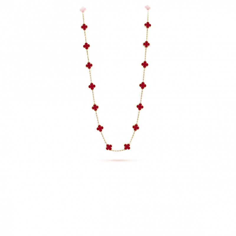 VAN CLEEF ARPELS VINTAGE ALHAMBRA LONG NECKLACE, 20 MOTIFS - YELLOW GOLD, CARNELIAN  VCARD39800