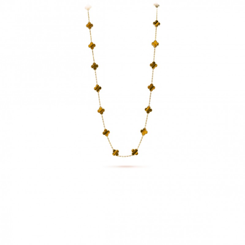 VAN CLEEF ARPELS VINTAGE ALHAMBRA LONG NECKLACE, 20 MOTIFS - YELLOW GOLD, TIGER EYE  VCARD39900