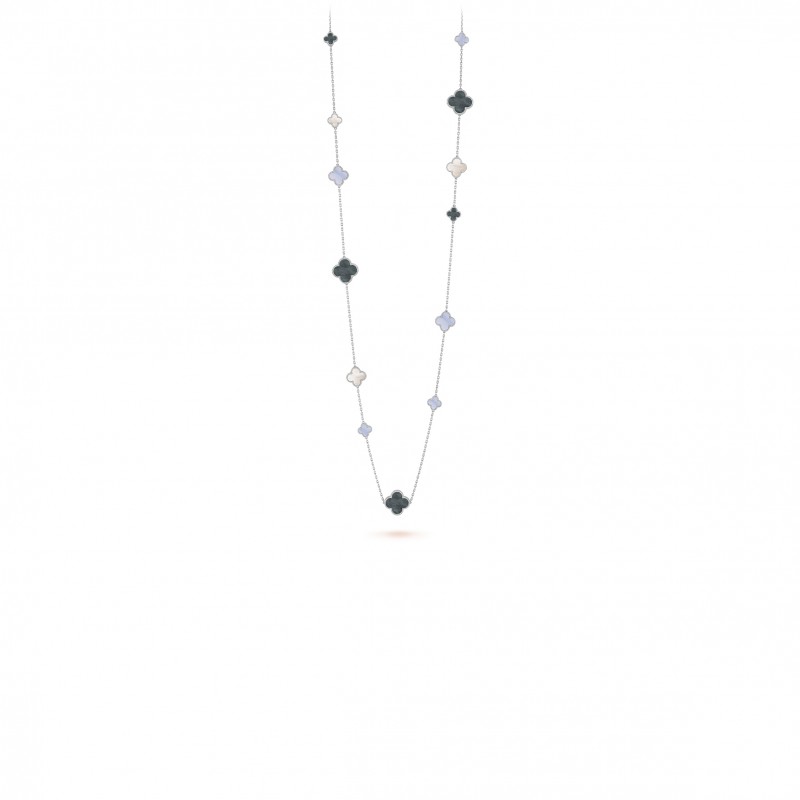 VAN CLEEF ARPELS MAGIC ALHAMBRA LONG NECKLACE, 16 MOTIFS - WHITE GOLD, CHALCEDONY, MOTHER-OF-PEARL  VCARN19000