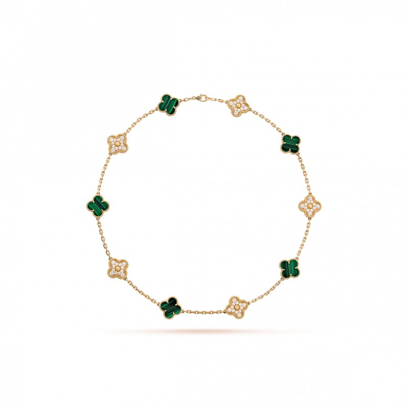 VAN CLEEF ARPELS VINTAGE ALHAMBRA NECKLACE, 10 MOTIFS - YELLOW GOLD, DIAMOND, MALACHITE  VCARO9J400